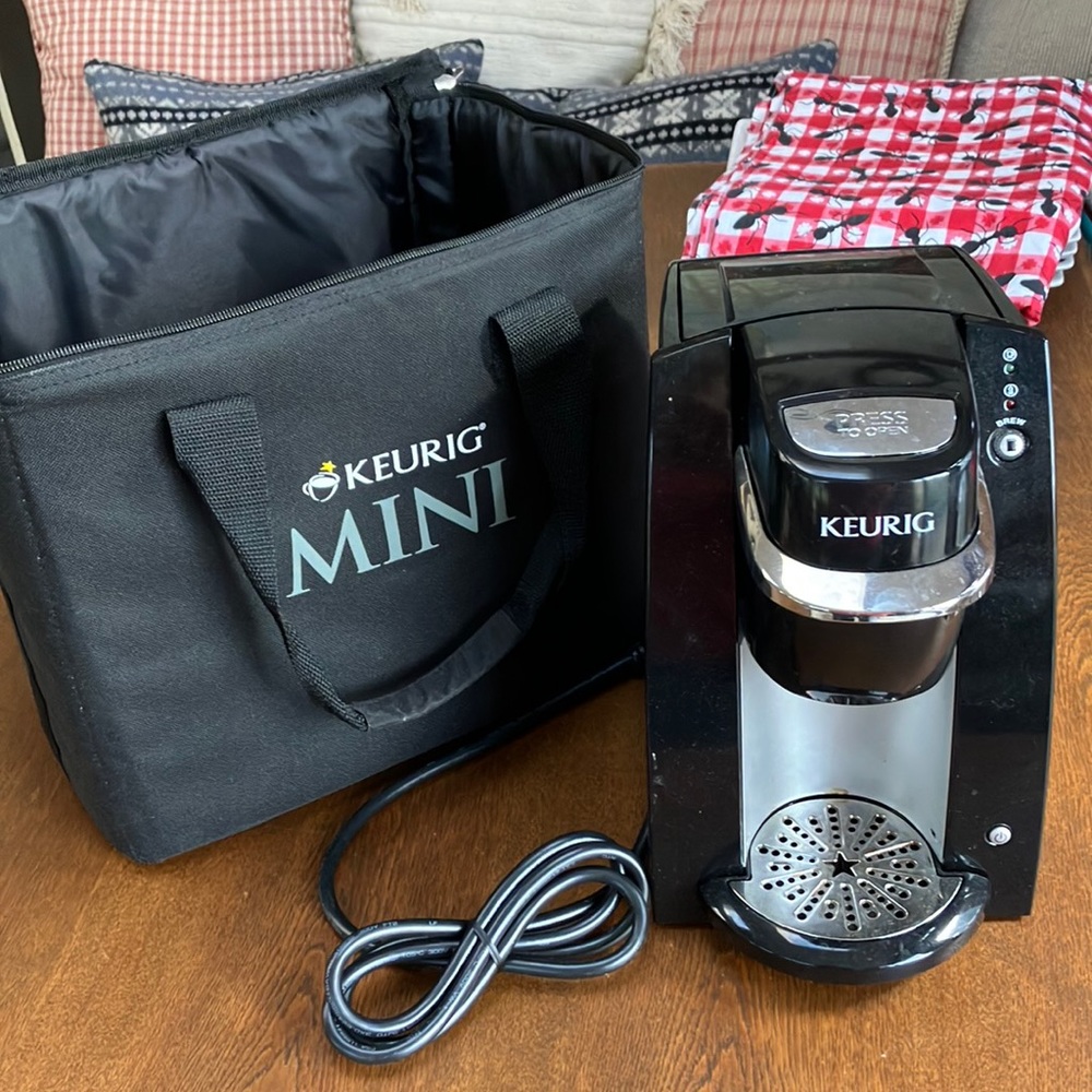 Keurig Mini coffeemaker, w/ its own carry case. Use K-cup, generic pods,fill own